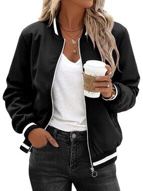 Women's Black Polyester Zip Up Sweatshirt Long Sleeve Fall Casual Bomber Jacket